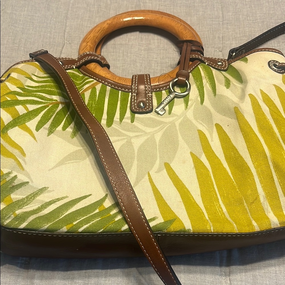 Tropical Leaf Print Handbag with Wooden Handle